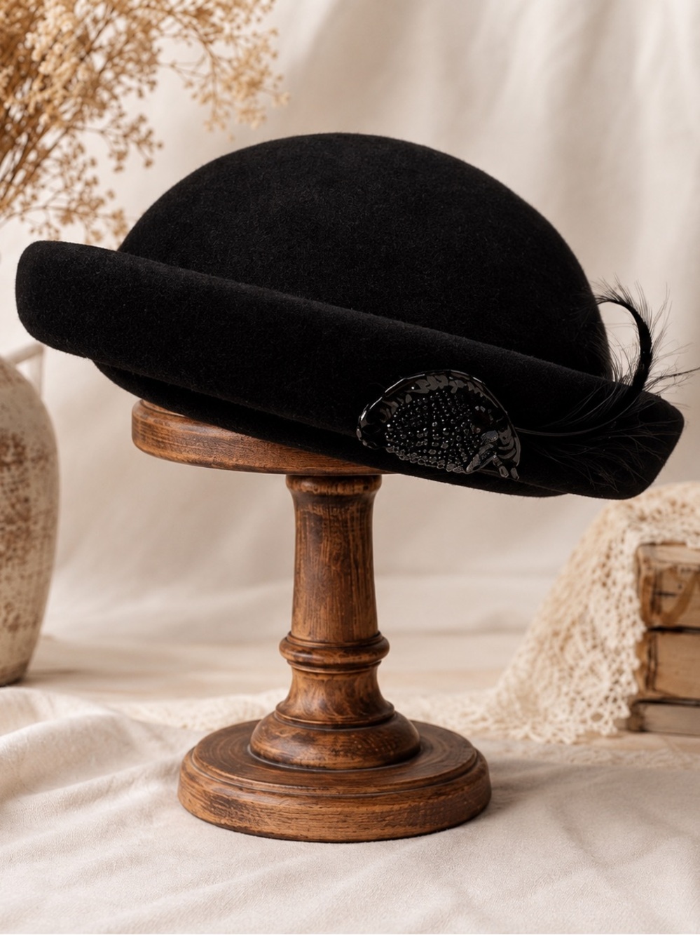 Vintage Georgette Black Felt Cocktail Beret with Beaded & Feather Detail